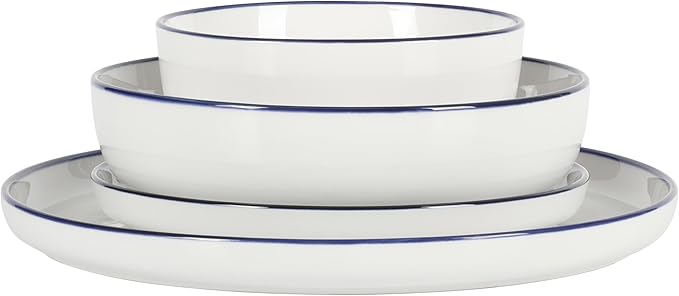 Gibson Home Oslo 16-Piece Porcelain Ceramic Chip & Scratch Resistant Dishes, Microwave & Dishwasher Safe, Plates and Bowls Dinnerware Set, White w/Blue Rim