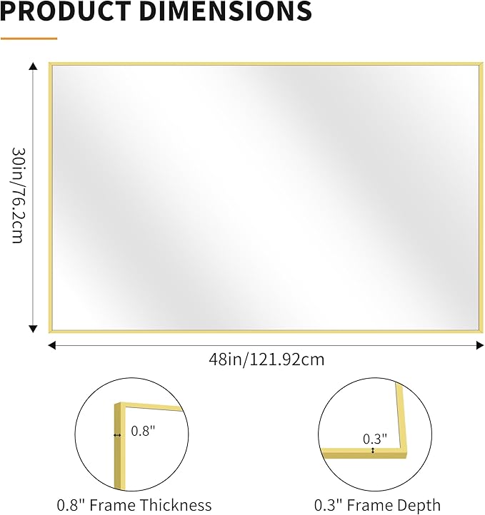 KOCUUY 30x48 Inch Large Gold Wall Mounted Mirror,Aluminum Framed Decorative Rectangular Bathroom Mirror for Wall Over Sink,Vanity Mirror for Bedroom Living Room Bathroom,Functional Oversized Mirror