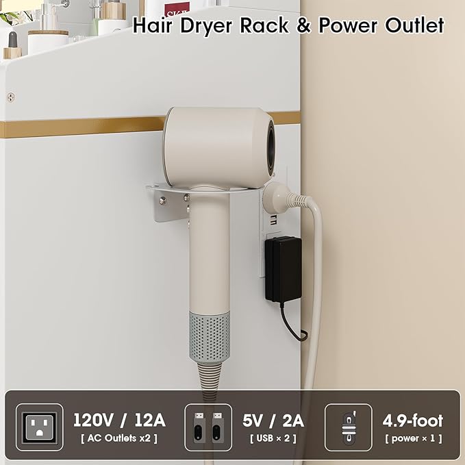 Vabches Makeup Vanity with Mirror and Lights, White and Gold Vanity Desk with 5 Drawers and Charging Station, Vanity Table for Bedroom