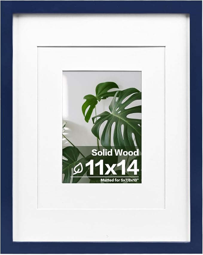 Egofine 11x14 Picture Frame Made of Solid Wood Covered by Plexiglass, Display Pictures 5x7/8x10 with Mat or 11x14 Without Mat for Table Top Display and Wall Mounting Photo Frame, Navy Blue