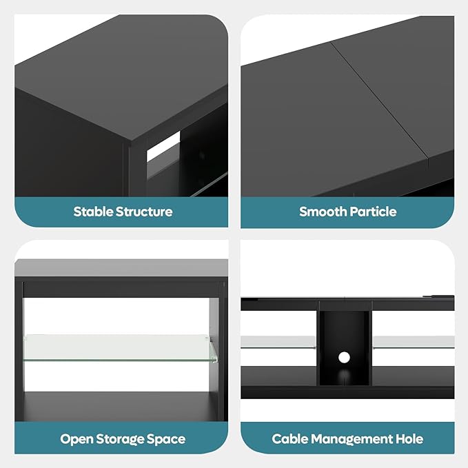 Bestier LED TV Stand for 55/60/65 Inch TV, High Gloss Gaming TV Stand with Power Outlet, Black Entertainment Center with Storage for Living Room, Bedroom, 55 Inch TV Console with Adjustable Shelves