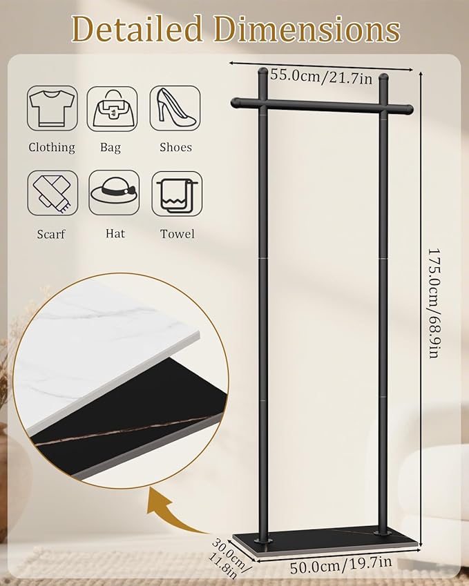 Coat Rack Freestanding with Natural Rock Base, Metal Coat Hanger Stand, Industrial Garment Rack, Clothes Tree for Bedroom Living Room Office To Hang Clothes, Hats, 68.9in, Black