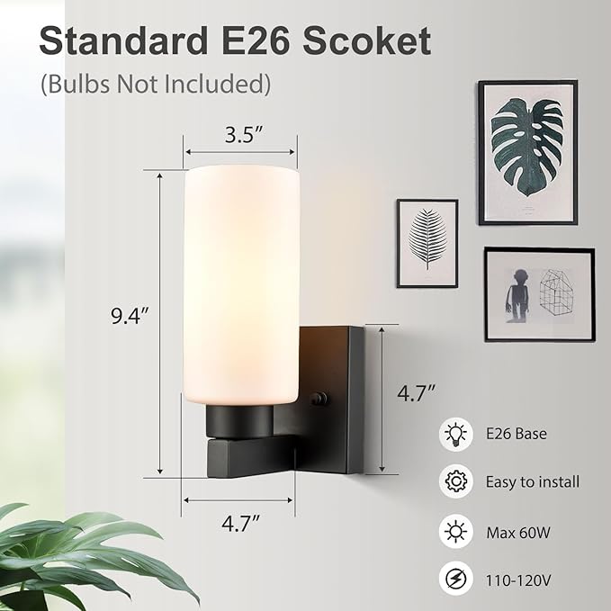 Bathroom Sconces Modern Black Wall Light Fixture Vanity Light Set of Two with Milky White Cylinder Glass Shade