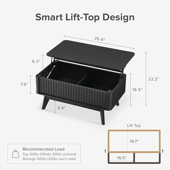 mopio Brooklyn Lift Top Coffee Table for Living Room, Mid Century, Modern Farmhouse with Lifting Tabletop & Hidden Storage, Fluted Panel, Rising Pull Up Dining Table (Black Oak)
