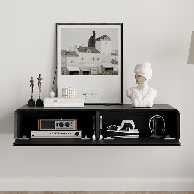 POVISON Fully-Assembled Minimalist Floating TV Stand, Modern Wall-Mounted Entertainment Center with 2 Flip-Down Cabinet Doors, Solid Wood Media Console, Black, 47.24"