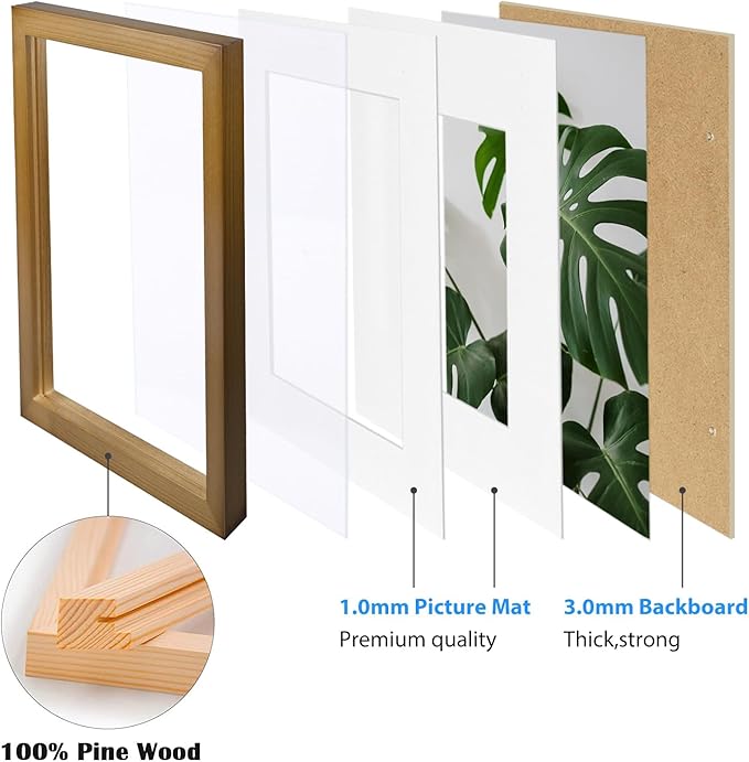 Egofine 11x14 Picture Frame Made of Solid Wood with Plexiglass, Display Pictures 5x7/8x10 with Mat or 11x14 Without Mat, for Table Top and Wall Mounting Photo Frame, Light Brown