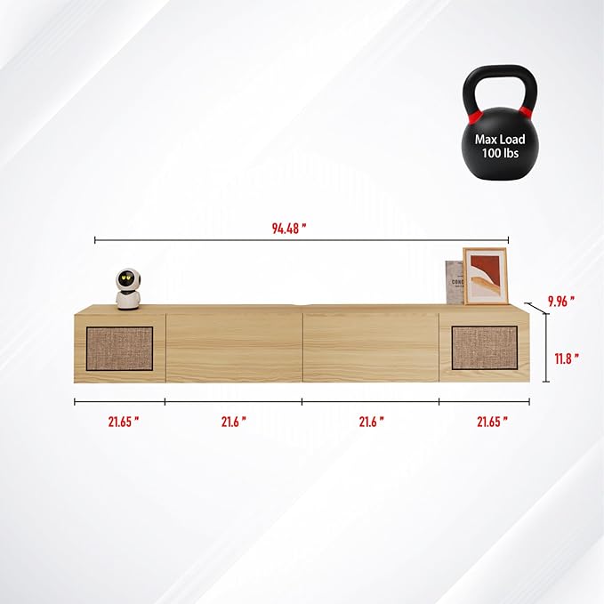 Pmnianhua Boho Floating TV Stand 94", Modern Wall Mounted Media Console with Cotton-Rayon Doors for Under TV Shelf,Entertainment Center,Living Room,Bedroom(Natural)