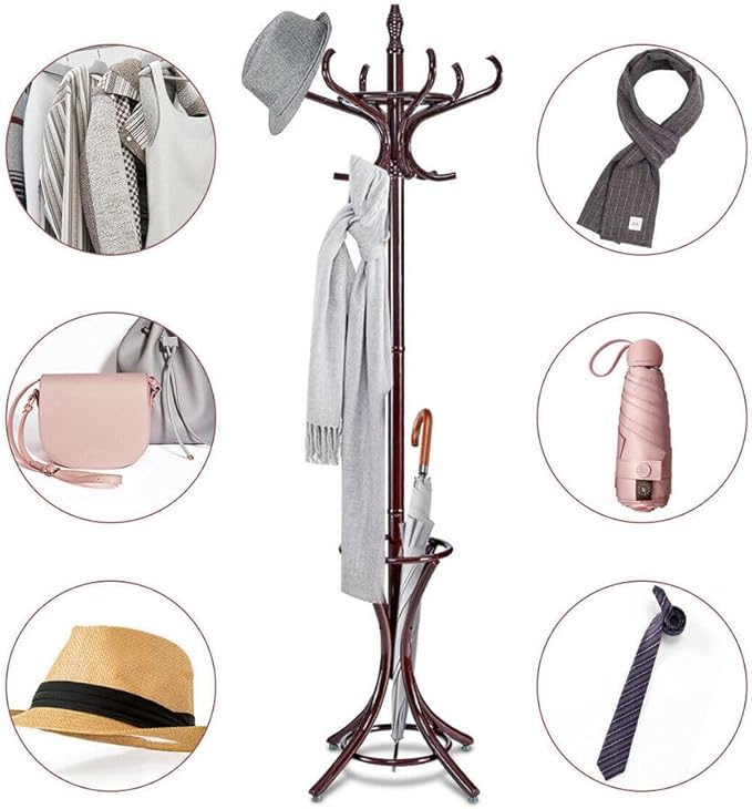 Tangkula 75.5" Standing Coat Rack, Wood Coat Tree with 12 Hooks, Home Hat Jacket Hanger Tree 12 with Umbrella Holder Coat Stand (Brown)