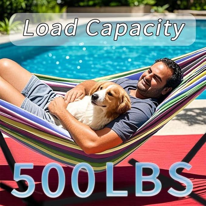 Double Hammock, Heavy Duty Portable, 500 lb Weight Capacity, Perfect for Both Indoors and Outdoors, 2 Person Hammock with Carrying Bag, Rainbow