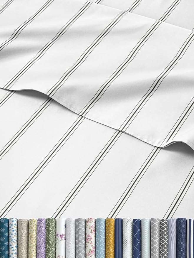 Striped Sheets - Black & White Striped Sheets - 1 Flat & 1 Fitted & 2 Pillowcases w/ Deep Pockets – Wrinkle & Fade Free - Soft, Breathable and Cooling – Luxury Pinstripe Bedding - Queen Size Bed Set
