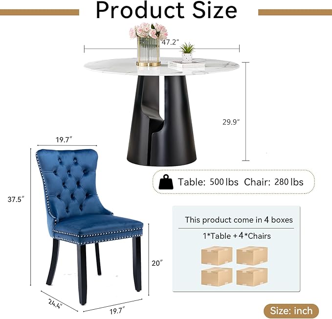 5-Piece Faux Marble Round Dining Table Set for 4, Modern Luxury Kitchen Table Set for 4 with Blue Tufted Chairs,Circle Dining Tables with White Marble Grain Top and Black Pedestal Base