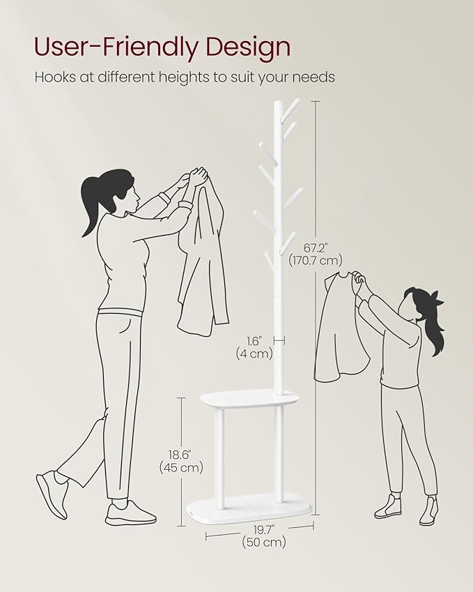 VASAGLE Coat Rack, Free Standing Coat Stand, Hall Coat Tree with 8 Hooks and Storage Shelf, 67.2 Inch Tall, for Coats, Hats, Bags, for Entryway, Hallway, Bedroom, Cloud White URCR040W01