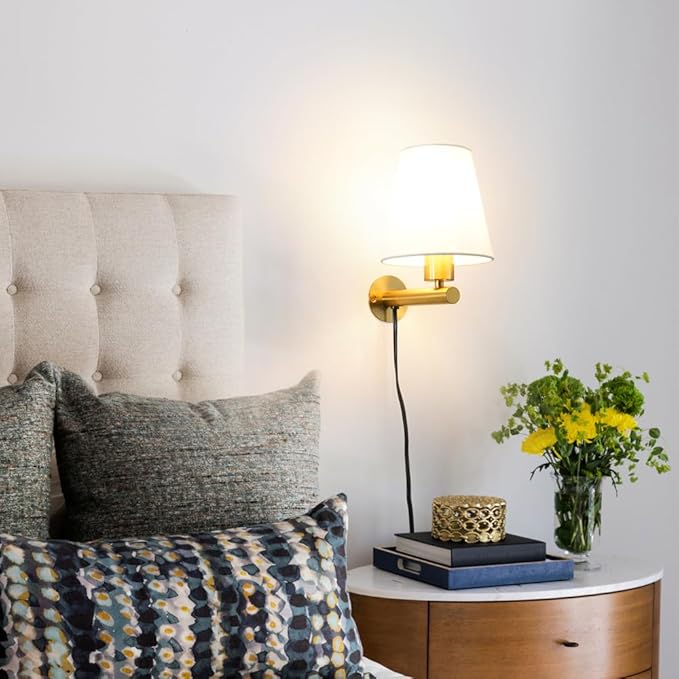 Gold Plug in Wall Sconces Set of Two, Brass Wall Sconce Lights for Bedroom Plug in, Wall Lamp with On/Off Switch Cord, Bedside Plugged Wall Mounted Light with Fabric Linen, Wall Decor for Living Room
