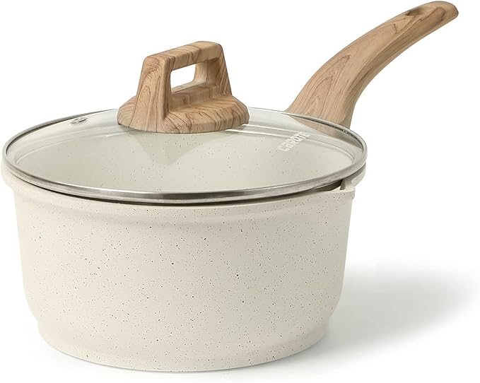 CAROTE 1.8Qt Sauce Pan Sets with Lid Cooking Pots Nonstick Saucepans Cookware Set with Pour Spout Small Kitchen Pot, Induction Comptable, Easy to Clean, PFOA FREE (White Granite)