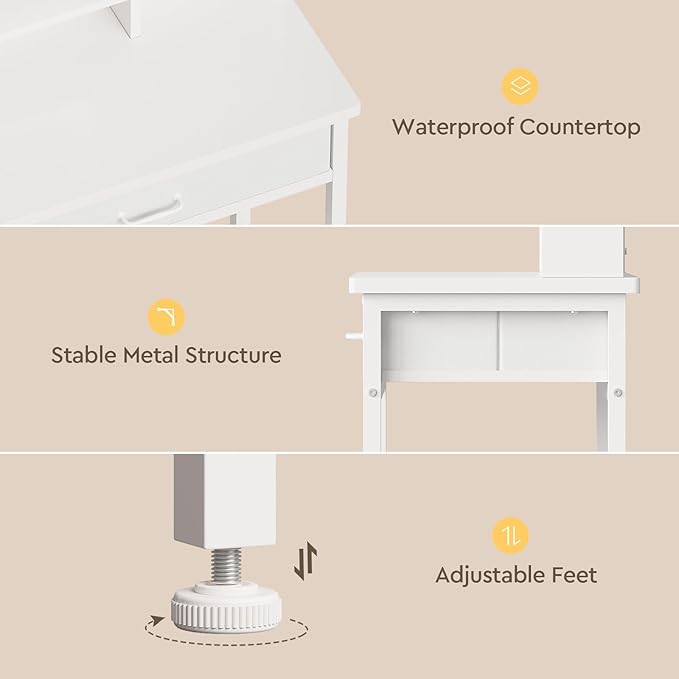 Makeup Vanity Desk with Mirror and Lights, Small Vanity with Fabric Storage Drawer & Chair & Shelves, White Compact Makeup Vanity Set for Bedroom