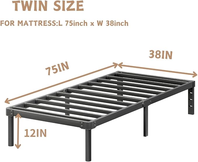 ZIYOO 12 Inch Twin Size Metal Platform Bed Frame with Heavy-Duty Steel Slat Support, No Box Spring Needed, Under Bed Storage Space, Easy Assembly, Noise-Free, Sturdy & Durable, Black