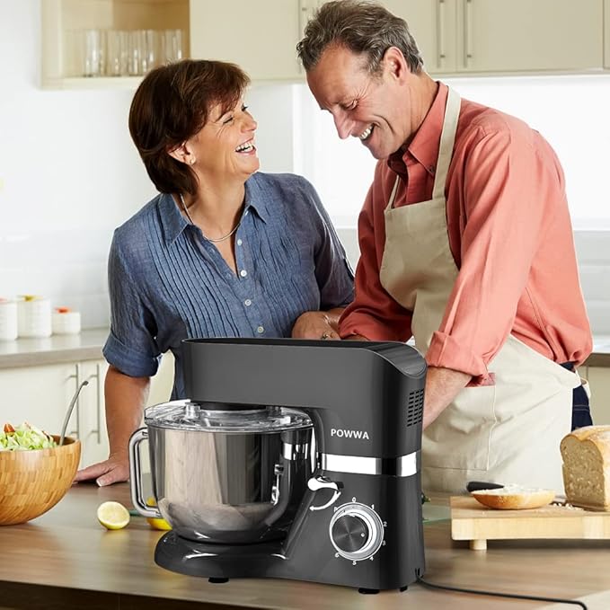 Stand Mixer, POWWA 6.5 Quart Electric Mixer, 6+1 Speed 660W Tilt-Head Kitchen Food Mixers with Whisk, Dough Hook, Mixing Beater & Splash Guard for Baking, Cake, Cookie, Kneading, ETL Certified (Black)