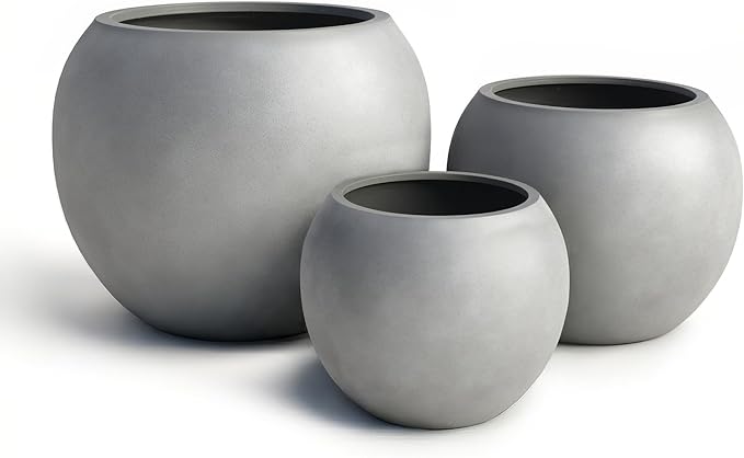 DTY Signature Mount Sherman Modern Indoor Outdoor Fiberstone Sphere Planter, Durable Round Garden Pot, Weather Resistant, Drainage Hole & Rubber Plug, Planter for Christmas Tree - Medium, Gray