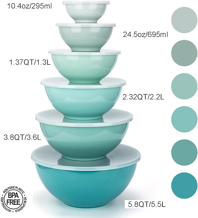 KX-WARE Melamine Mixing Bowls with Lids - 6 Piece Melamine Bowls and 6 Piece Plastic Lids, Teal