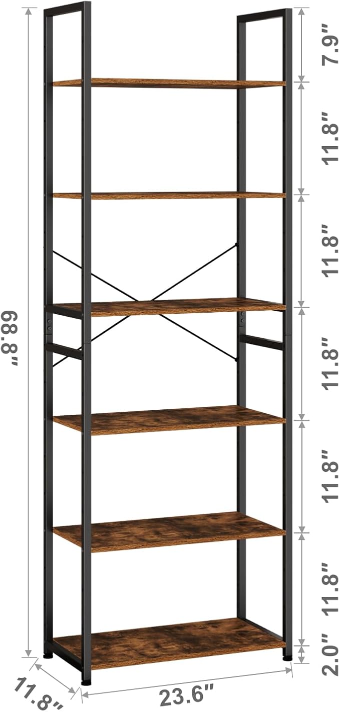 Book Shelf, Adjustable 6-Tier Tall Bookshelf, Wooden Bookcase Shelves for Bedroom, Living Room, Display Shelf for Home, Office, Kitchen, Standing Shelving Unit Storage Organizer BC-BR-6