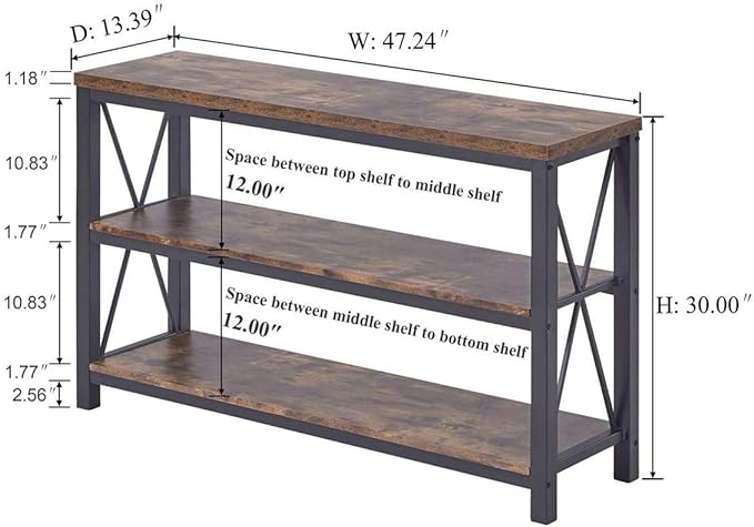 BON AUGURE Industrial Sofa Console Table for Entryway, 3 Tier Foyer Table for Hallway, Rustic Hall Tables Behind Couch (47 Inch, Rustic Brown)