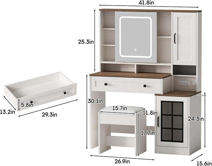 Vabches Makeup Vanity Desk with Sliding Mirror, 41.8'' White Farmhouse Vanity Table with Stool, Jewelry Cabinet & Charging Station, Large Drawer, Visual Cabinet, 3 Lighting Modes, Adjustable Shelves