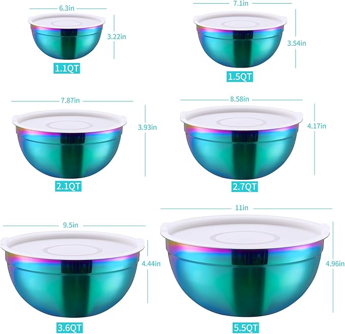 6 Piece Rainbow Mixing Bowls with Lids for Kitchen, Stainless Steel Mixing Bowls Set Ideal for Baking, Prepping, Cooking and Serving Food, Nesting Metal Mixing Bowls for Space Saving Storage