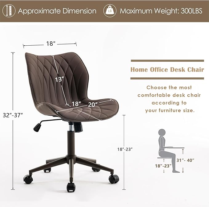 YOUNUOKE Armless Desk Chair Comfy Office Chair with Wheels Home Ergonomic Task Chair Adjustable Computer Chairs Modern Faux Leather Swivel Chair Upholstered Makeup Vanity Chair with Back(Brown)