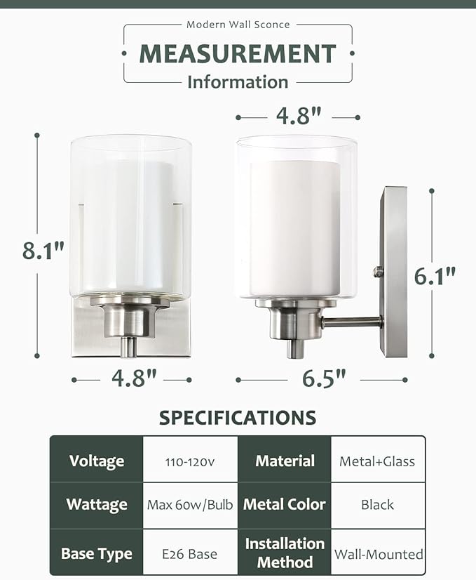 3 Pack Bath Vanity Light Fixtures 1-Light, Indoor Brushed Nickel Wall Light with Dual Glass Shade, Farmhouse Bathroom Wall Scone