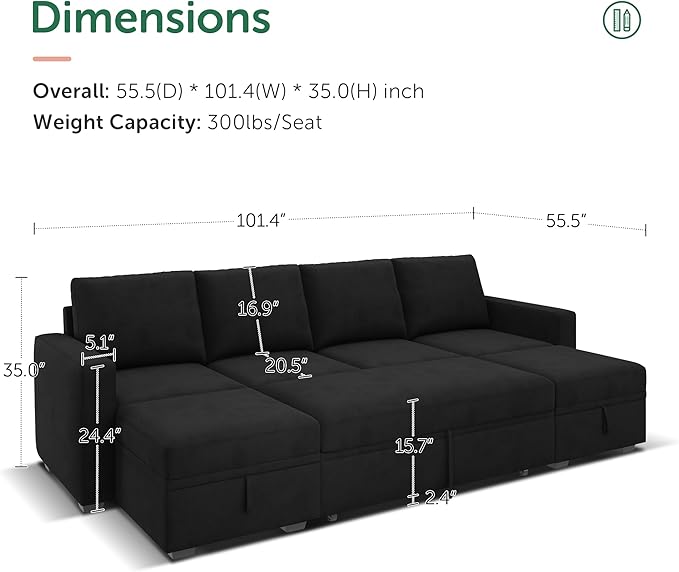 HONBAY Modular Sectional Sleeper Sofa Bed, Velvet Sectional Couch with Pull Out Bed U Shaped Modular Couch with Storage Ottoman for Living Room, Black