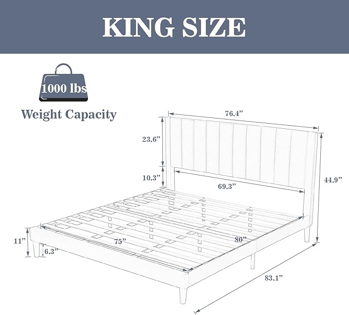 Allewie King Bed Frame/Velvet Upholstered Bed Frame with Vertical Channel Tufted Headboard/Strong Wooden Slats/Platform Bed Frame/Mattress Foundation/Box Spring Optional/Easy Assembly/Black