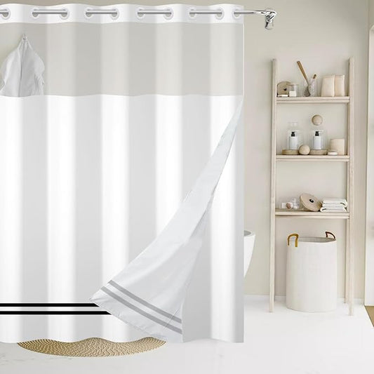 No Hook Shower Curtain with Snap in Liner, White and Black Striped Heavy Duty See Through Window Waterproof Machine Washable Bathroom Curtain 71" W x 74" L (Pack of 1)