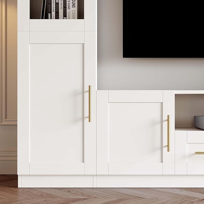 Entertainment Wall Unit, 4-Piece Large TV Stand Wall Unit Entertainment Center with Bookshelves & Storage, Wall Media Center with Shelves for TVs Up to 70", Media Console for Living Room, White.