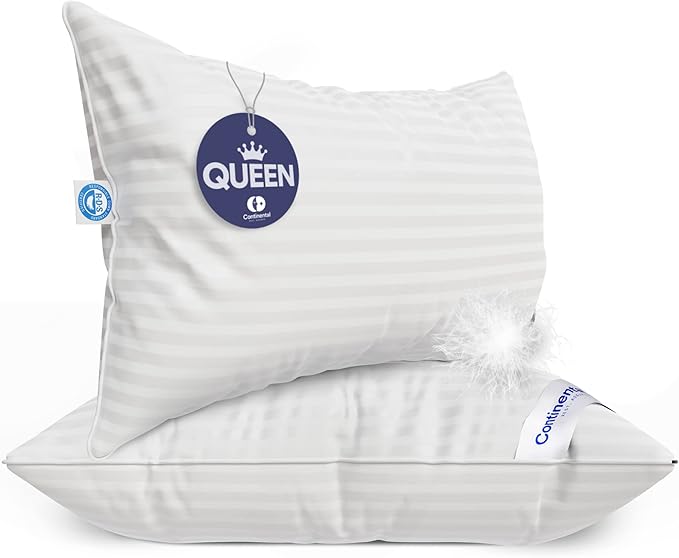 Continental Bedding | Serenity Goose Down Pillow | 700 Fill Power Hungarian White Down | 400TC Cotton Damask Shell | Made in USA | Firm, Queen (Pack of 2), 2 Count