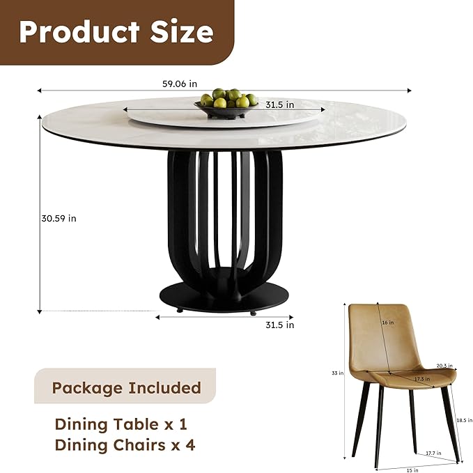 Dining Table Set with 4 Chairs, 59" Round Modern Marble Dining Table with Lazy Susan, Sintered Stone Top for Kitchen, Dining Room, Dinette