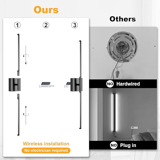 Battery Operated Wall Sconce Set of Two with Remote Control, 3000K-6000K Dimmable Black Wall Lights, Timable LED Wireless Wall Sconces, 350° Ratate for Bathroom, Living Room, Hallway 29.1 Inch