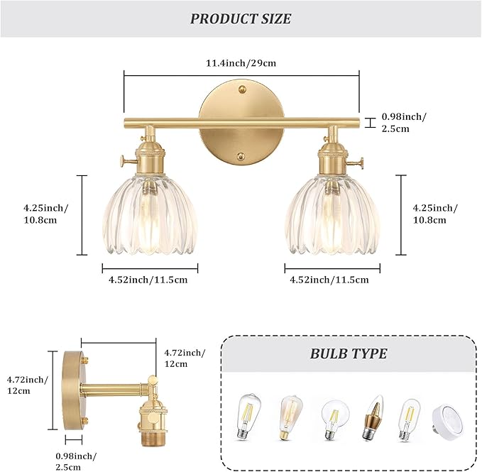 Bathroom Light Fixtures, 2-Light Brass Vanity Wall Light Over Mirror with Clear Tulip Glass Shade for Bedroom Living Room