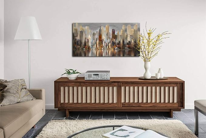Framed Wall Art Large Cityscape New York Wall Decor Canvas Prints Abstract Brown City Theme Paintings Modern Canvas Wall Art for Living Room Bedroom Big Size 24x48 Framed