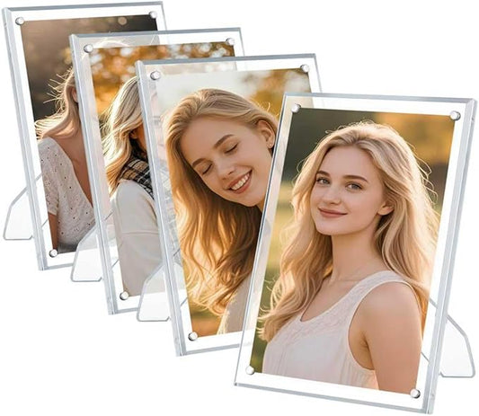 Egofine 4x6 Acrylic Picture Frames Set of 4, Clear Picture Frames with Stand, Magnetic Acrylic Photo Frames for Tabletop Display Horizontally or Vertically