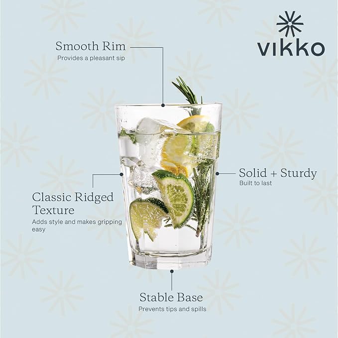 Vikko Large Drinking Glasses, 14 Ounce Glass Cups, Durable Stackable Highball Tumblers & Water Glasses, Dishwasher Safe Set of 6