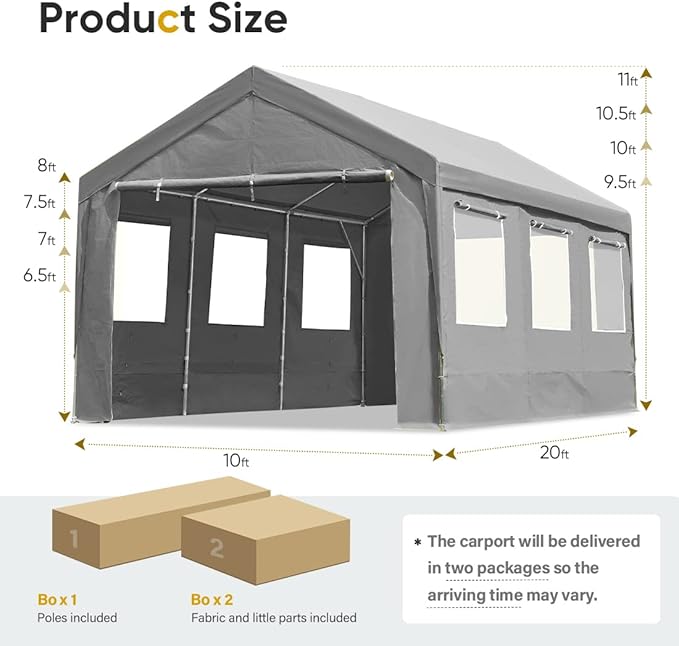 ADVANCE OUTDOOR 10x20 ft Adjustable Height Carport with Removable Window Sidewalls and Doors, Heavy Duty Car Canopy Garage Party Tent Boat Shelter with Reinforced Poles, Gray