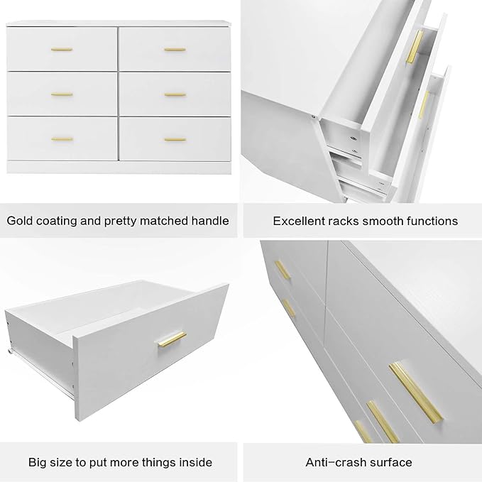 6 Drawer Dresser, Wide Chest of Drawers Organizer Storage with Drawers, Large White Storage Tower Unit, Modern Minimalist Closet Store Organizer for Bedroom or Living Room, Anti-Tipping Device (White)