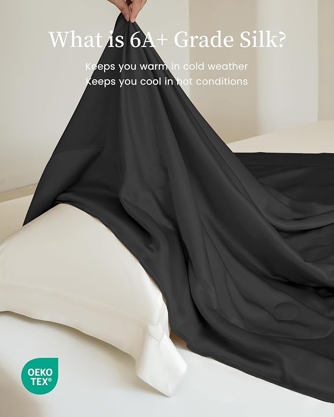 THXSILK Silk Blanket, 100% Mulberry Silk Cooling Throw, Soft and Lightweight Blanket for Bedroom, Sofa, Travel, All-Season (Black, Queen)