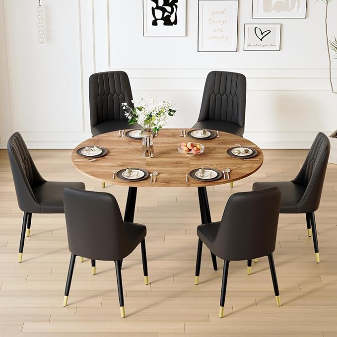 42"-54" Extendable Dining Table Set for 6, Oval Dining Table Set for 6, 0.73" Thick Wood Tabletop with Smooth Edge, Black Metal Leg with Non-Slip Footmat, 6 Soft PU Chairs, for Kitchen, Small Space