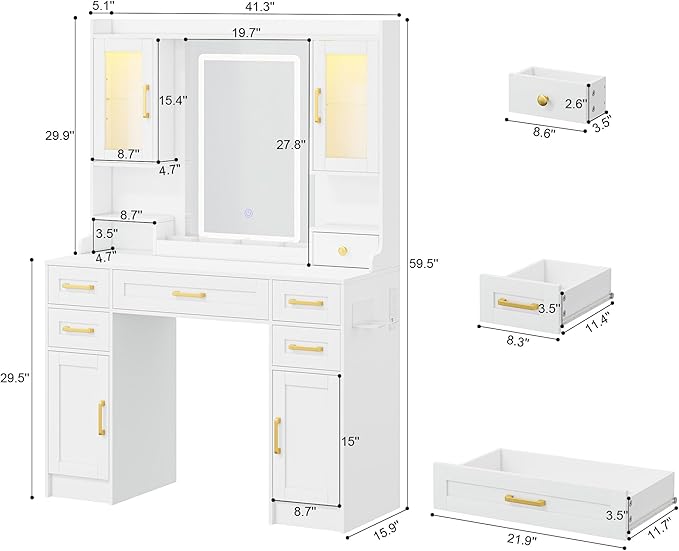 KAMABOKO Vanity Desk with Mirror & LED Lights & Power Outlet, Large Makeup Vanity Table with 6 Drawers and 4 Storage Cabinets, Dressing Table for Bedroom (White)