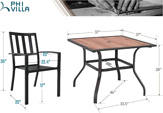 PHI VILLA 5 Piece Outdoor Dining Set for 4, 37” Metal Steel Dining Table with Wood-Like Tabletop & Stacking Wrought Iron Chairs for Patio, Deck, Yard