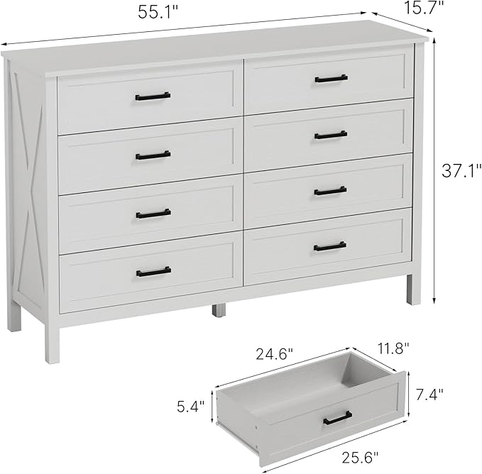 LYNSOM Farmhouse 8 Drawer Dresser for Bedroom, 55 Inch Wide Wood Rustic Chest of Drawers with X-Marking & Bar Handle, Large Storage Dressers Organizer for Bedroom, Living Room, White