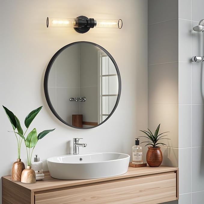 Bathroom Light Fixtures, Black Wall Sconce in Threaded Glass Indoor Vanity Lights, Modern Bathroom Vanity Light Up and Down Sconces Wall Lighting for Bathroom, Living Room - Bulb Not Included