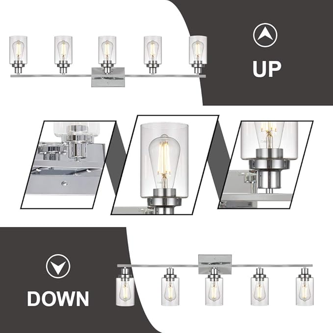 MELUCEE Modern Vanity Lights for Bathroom 5 Lights Chrome Finish with Clear Glass Shade, Contemporary Metal Wall Light Fixtures for Dressing Table Mirror Cabinets (Patent No.: US D963914 S)