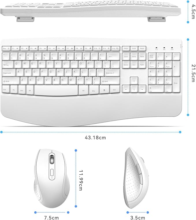 Ergonomic Keyboard and Mouse Combo, Full Size Cordless Computer Keyboard with Palm Wrist Rest Ergonomic Mouse for Windows Computers Laptops - White